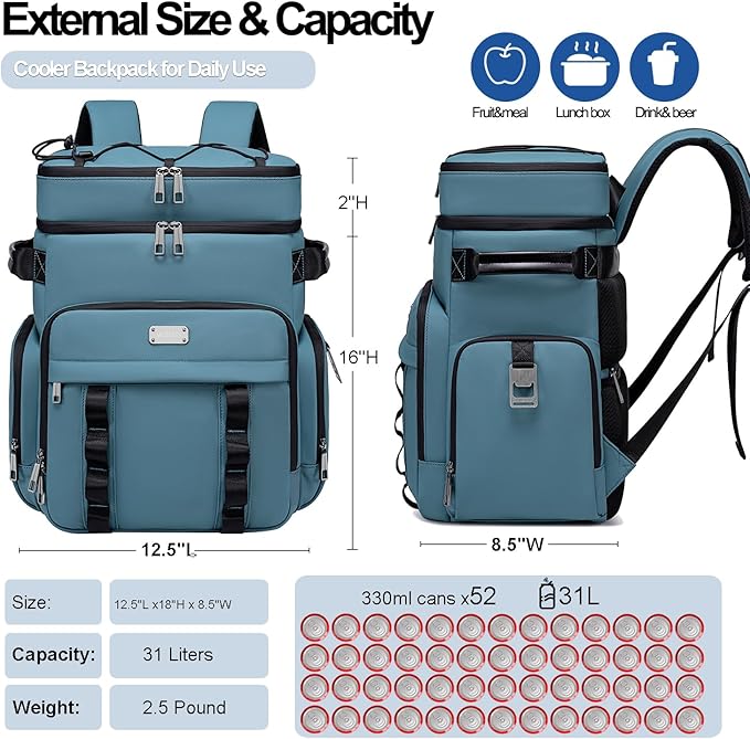 Weitars Insulated Cooler Backpack,Double Deck Waterproof Soft Cooler Bag,Backpack Coolers Leak Proof Lunch Backpack for Men Women for Travel,Camping,Picnic,Beach,Picnic,Outdoor 31L/52 Can