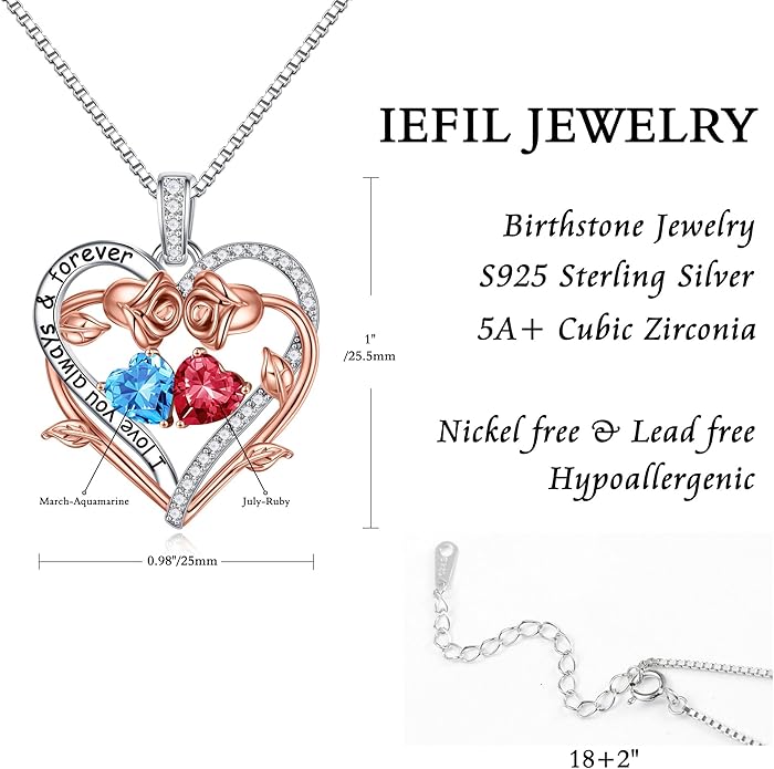 Iefil Rose Heart Double Birthstone Necklace Gifts for Wife Her Mom Women, Birthstone Jewelry Gemstone Birthday Gifts for Girlfriend Grandma Her Wife Women