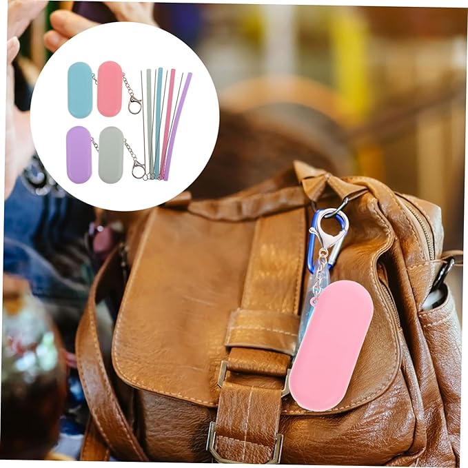 4 Sets Foldable Reusable Silicone Straws with Silicone Case Keychains and Stainless Steel Cleaning Brushes Portable Multipurpose Drinking Tools for Travel and Party Use