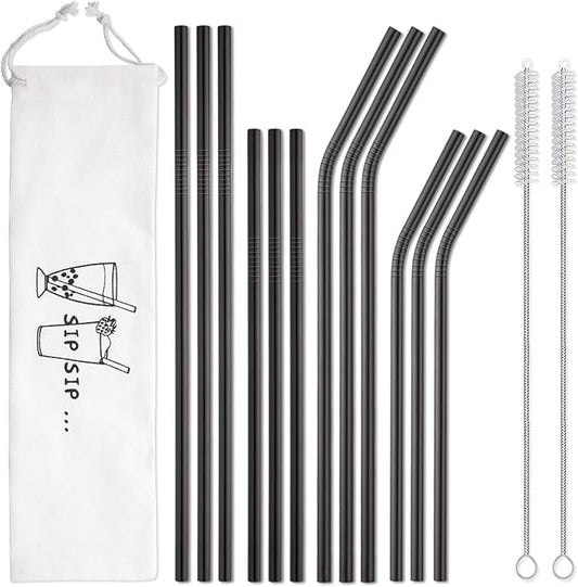 Hiware 12-Pack Black Stainless Steel Straws Reusable with Case - Metal Drinking Straws for 30oz and 20oz Tumblers Dishwasher Safe, 2 Cleaning Brushes Included