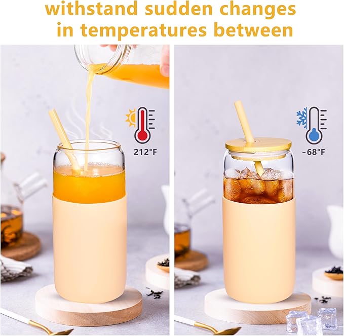 20oz Glass Tumbler with Lids and Straws Iced Coffee Glasses with Silicone Protective Sleeve Drinking Glasses Set of 2 for Juice Beer Smoothie(Pink & Apricot)