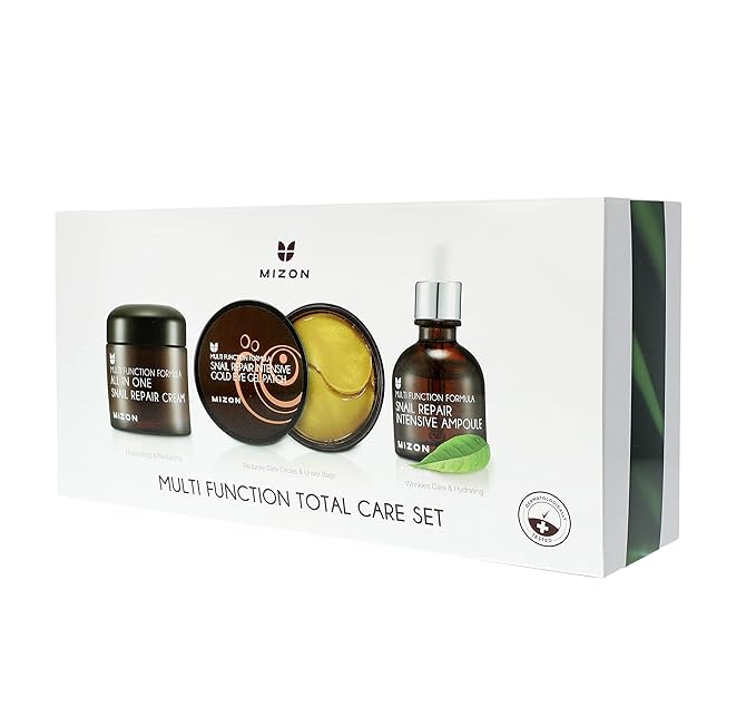 MIZON Multifunction Total Care Set Skincare routine with 24K Gold Snail Eye Patches (30 pairs) All in One Snail Repair Cream (2.53Fl Oz) and Snail Repair Intensive Ampoule (1.01Fl Oz)