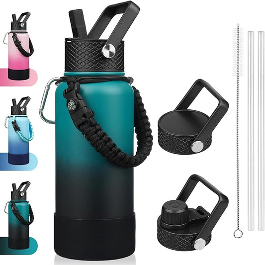 BJPKPK 32oz Insulated Water Bottles with 3 Lids, Paracord Handle & Non-slip Boot, Stainless Steel Metal Water Bottle,Reusable BPA Free Thermal Flasks, Tumblers, Army Green & Black