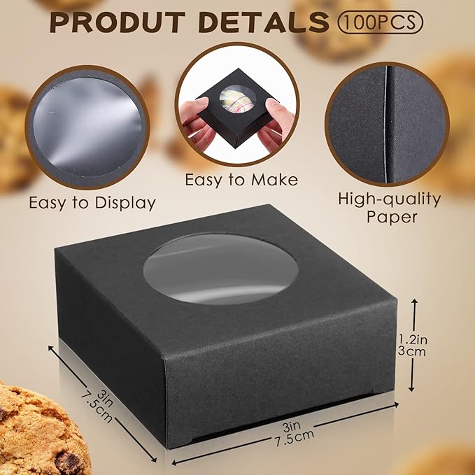TaoBary 100 Pcs Soap Boxes for Homemade, 3 x 3 x 1.2 Inch Small Paper Gift Packaging Boxes with Window, Gift Wrappers for Soap Packaging Making Party Favor(Round,Black)