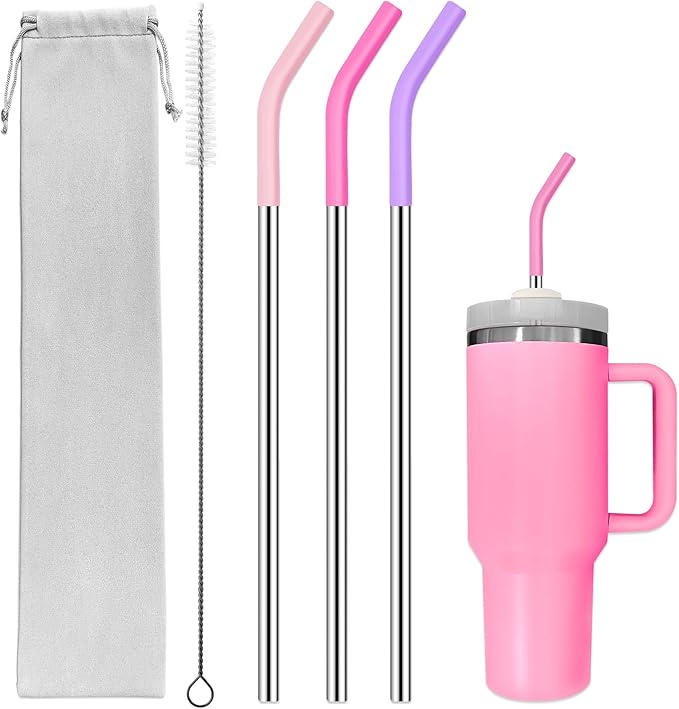 Set of 3 Stainless Steel Straws for 30 20 Oz Tumbler,For Stanley 30 Oz Tumbler, Reusable Metal Straw with 6 Silicone Tips and 1 Straw Cleaning Brush (Light Pink, Pink, Purple, 30 oz)