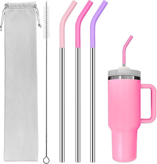 Set of 3 Stainless Steel Straws for 40 Oz Tumbler,For Stanley 40 Oz Tumbler, Reusable Metal Straw with 6 Silicone Tips and 1 Straw Cleaning Brush (Light Pink, Pink, Purple, 40 oz)