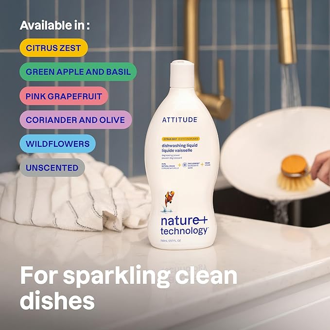 ATTITUDE Dish Soap, EWG Verified, Plant-Based & Vegan Dishwashing Liquid, Naturally Derived, Green Apple and Basil Scent, 23.7 Fl Oz