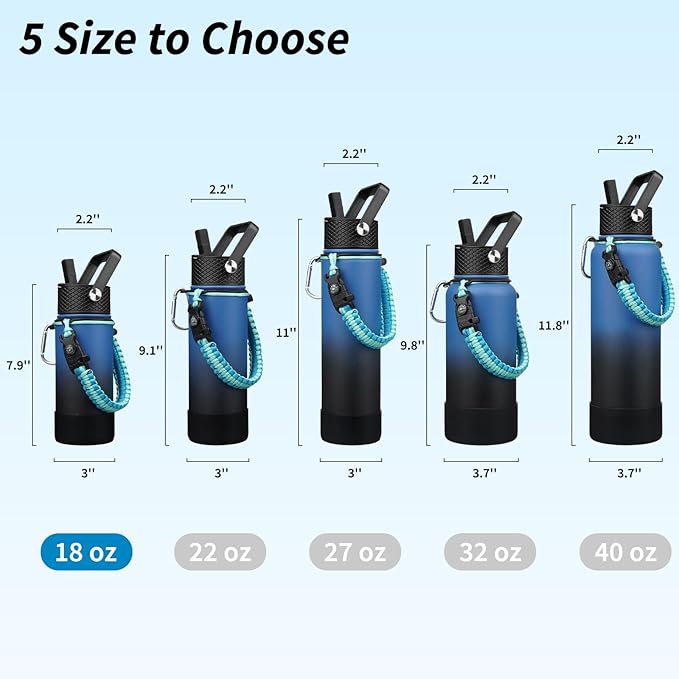 BJPKPK Water Bottle with Straw Lid, 18oz Insulated Water Bottles with 3 Lids, Paracord Handle & Non-slip Boot, Metal Stainless Steel Thermal Flasks, BPA Free Leak Proof Tumblers,Blue Black