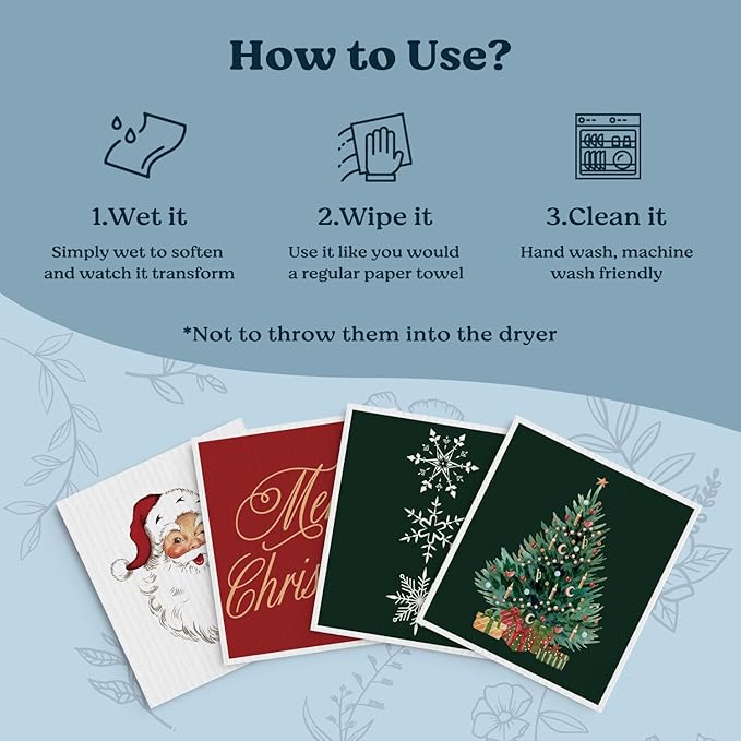 Swedish Dishcloths for Kitchen, Christmas Xmas Tree Snowflake Winter Kitchen Dish Towels for Washing Dishes, 4 Pack Reusable Paper Towels, Sponge Cloths for Home Cleaning Baking Cooking