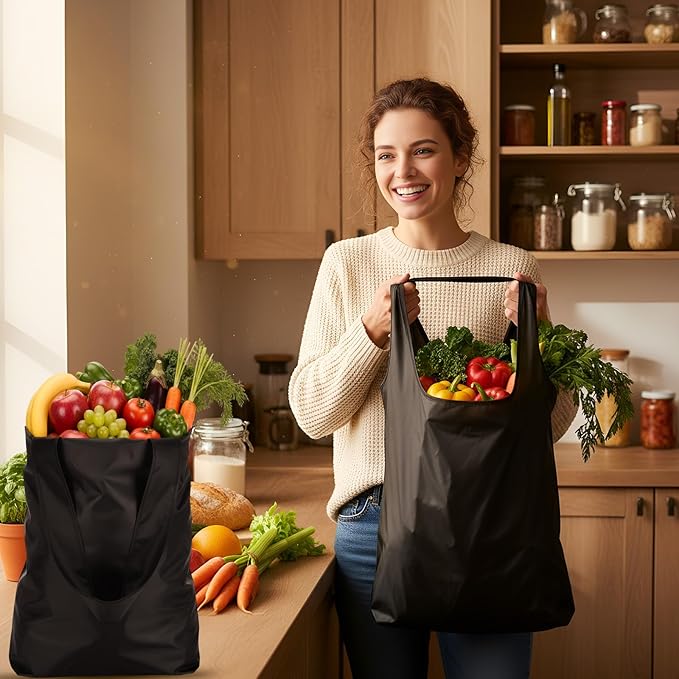 20 Pcs Reusable Grocery Bags Foldable Shopping Bags into Compact Pouch Large Black Totes with Handle Oxford Cloth Portable Lightweight Washable for Market Daily Use Travel Supermarket
