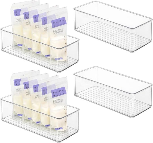 Hudgan 4 Pcs Storage Container Breastmilk for Fridge, Clear Organizer Bins for Milk Bags, Plastic Storage Bins for Freezer, Pantry, Bottles Bathroom, Vanity, Drawer and Yogurts