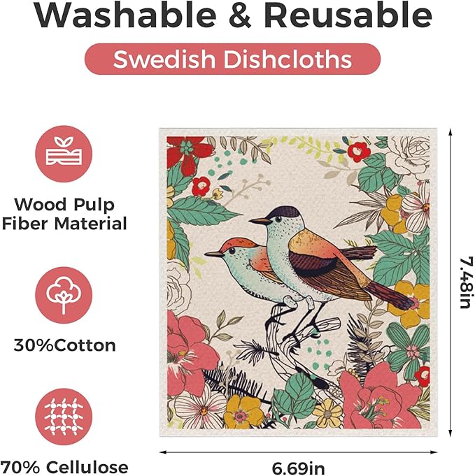 10PCS Swedish Dishcloths for Kitchen, Reusable Dish Rags for Washing Dishes with Clips, Non-Scratch Kitchen Towels and Dishcloths Sets, Washable Swedish Dish Cloths, No Odor(Birds Flowers)