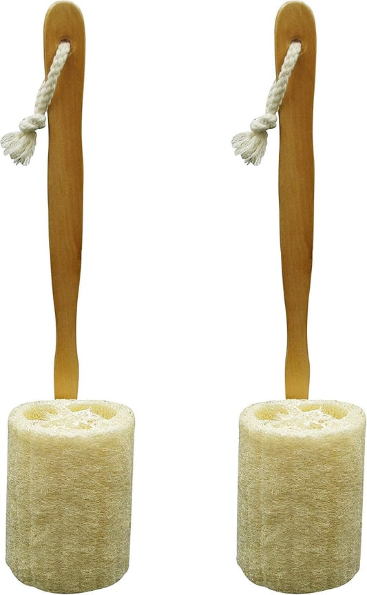 Natural Exfoliating Loofah Luffa Loofa Back Sponge Scrubber Brush with Long Wooden Handle Stick Holder Body Shower Bath Spa Pack of 2
