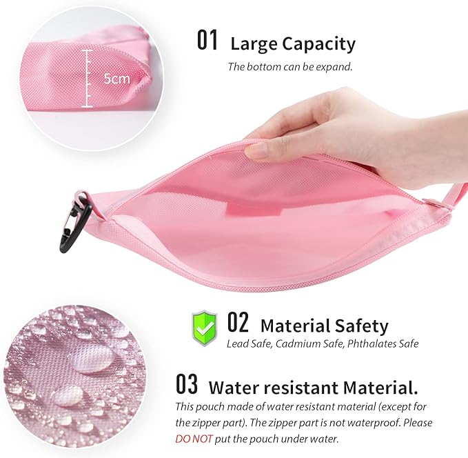 pack all 3 Pcs Water-resistant Material Zipper Pouch Set, Mesh Zipper Bags for Storage, Travel, Office (Pink)