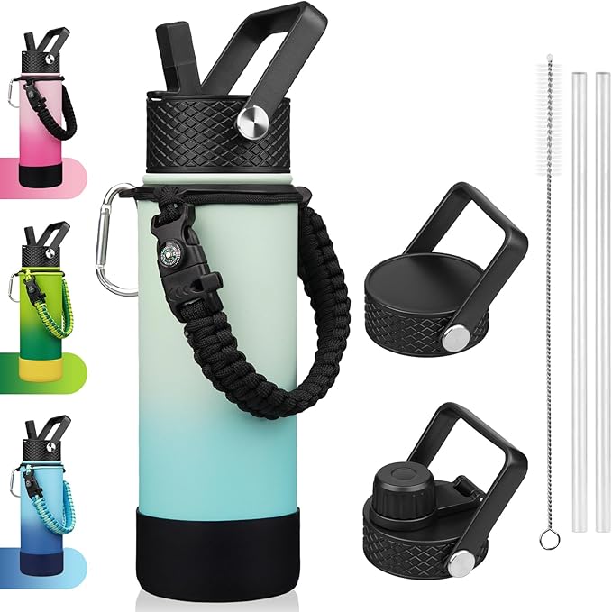 BJPKPK Insulated Water Bottle with Straw Lid, 22oz Thermal Flasks Water Bottles with 3 Lids, Paracord Handle & Non-slip Boot, BPA Free Leak Proof Stainless Steel Tumblers, Cups,Mint