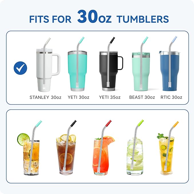 Reusable Stainless Steel Straws with Silicone Tip for Stanley 30oz, Metal Drinking Straws for 30oz Tumbler,3 Bent Tubes & 6 Tips& 1 Cleanr Brush (Chili)