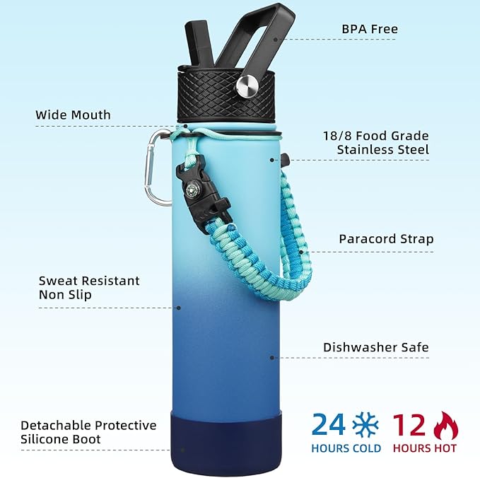 BJPKPK 27oz Insulated Water Bottles with 3 Lids, Paracord Handle & Non-slip Boot, Stainless Steel Metal Water Bottle with Straw, BPA Free Leak Proof Thermal Flasks, Tumblers,Sky