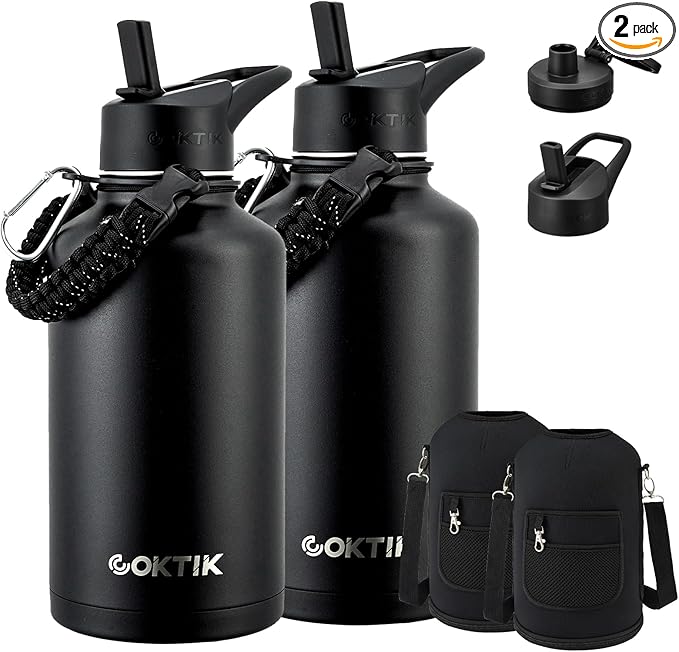Half Gallon Insulated Water Bottle, 64 oz Triple Wall Stainless Steel Flask, Keeps Drinks Cold for 48 Hrs Leak-Proof & BPA-Free Half Gallon Jug with Paracord Handle, Straw & Spout Lids(2 pack,Black)