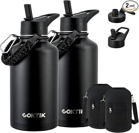 Half Gallon Insulated Water Bottle, 64 oz Triple Wall Stainless Steel Flask, Keeps Drinks Cold for 48 Hrs Leak-Proof & BPA-Free Half Gallon Jug with Paracord Handle, Straw & Spout Lids(2 pack,Black)