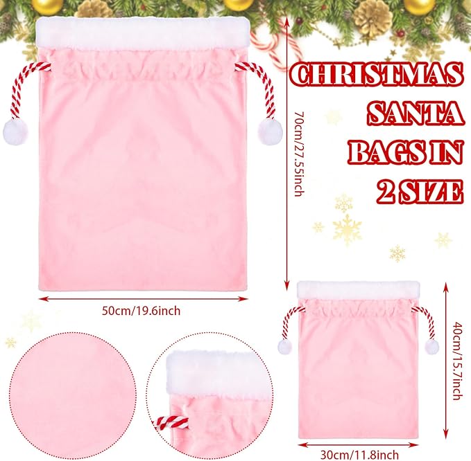 Shappy 2 Pieces Christmas Velvet Santa Bags with Drawstring in 2 Size Large Christmas Bags Santa Gift Sack for Xmas Playing Present Toy(Pink)