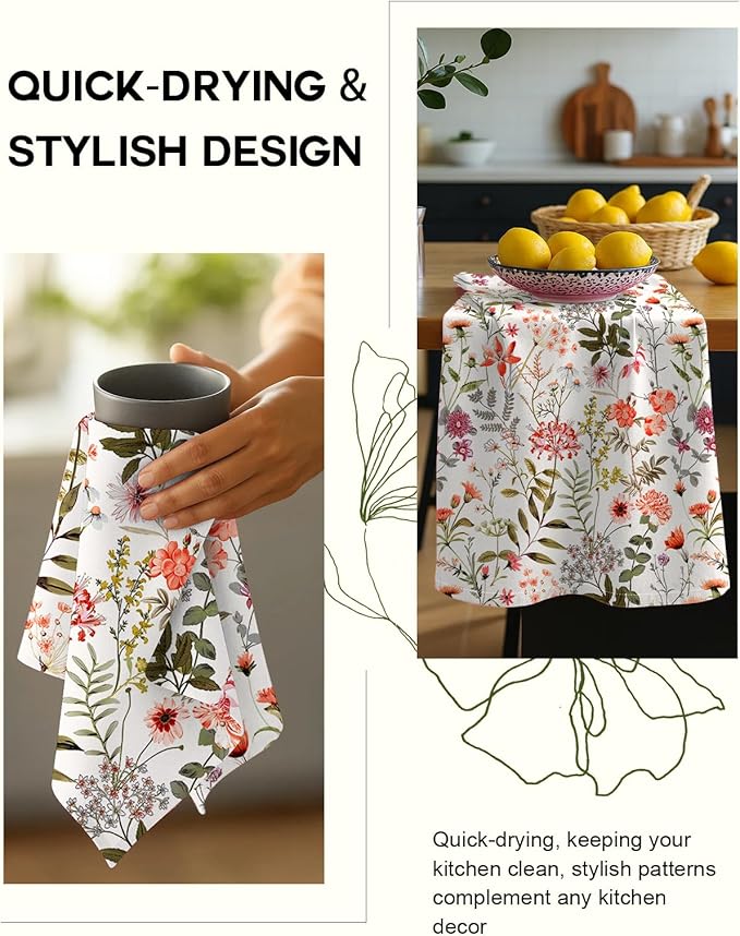Flour Sack Kitchen Towels Set of 2-18x26 Cotton Dish Towels with Hanging Loop Reusable Tea Towel for Cleaning Spring Absorbent Dishcloths Cute Home Decor Housewarming, Flower Shrubs