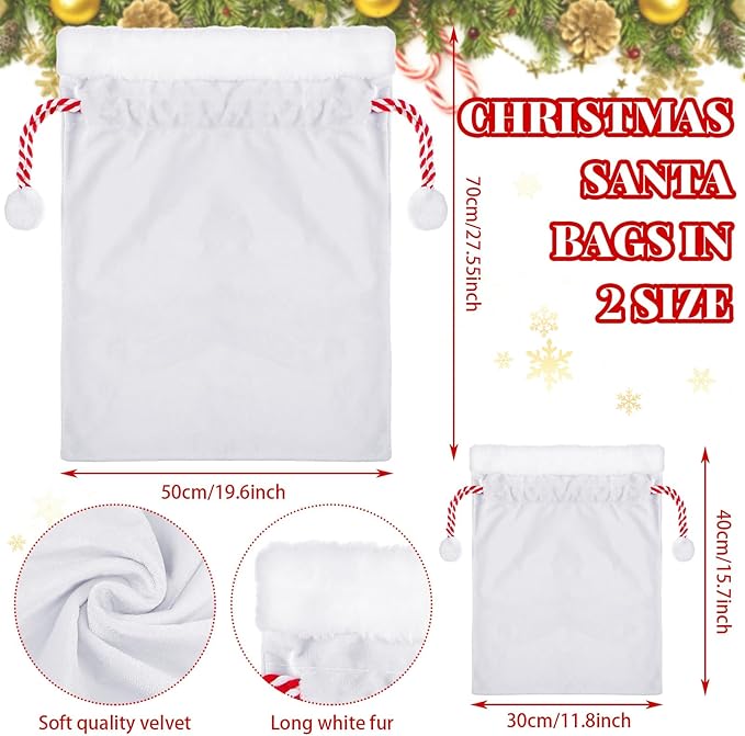 Shappy 2 Pieces Christmas Velvet Santa Bags with Drawstring in 2 Size Large Christmas Bags Santa Gift Sack for Xmas Playing Present Toy(White)