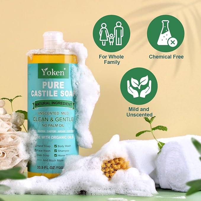 EWG Verified Castile Soap Liquid Unscented 33.8 fl oz Pure Castile Liquid Cleanser Made With Organic Oil, Clean & Gentle, Natural Castor Oil Soap for Body Wash, Hand, Dishes, Laundry