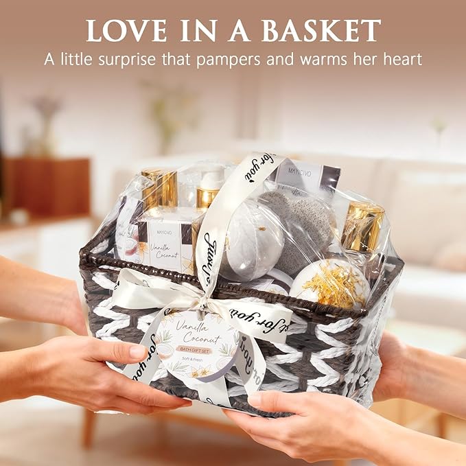 Christmas Birthday Gifts for Women, Vanilla Coconut Relaxing Spa Gift Baskets for Women Self Care Package Bath Gift Set, Home Bath and Body Kit Pampering Gifts for Womens Mom Her Friends Sister Wife