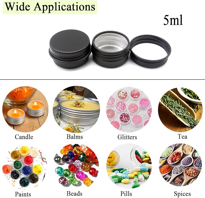 30 pack 5 ml Black Lip Balm Tin Cans, 5g Mini Aluminum Makeup Sample Containers with Screw Lid, Empty Metal Tins Pot Storage Travel Jars for Cosmetic, Cream, Candle, Tea, 5 Gram Small Tins