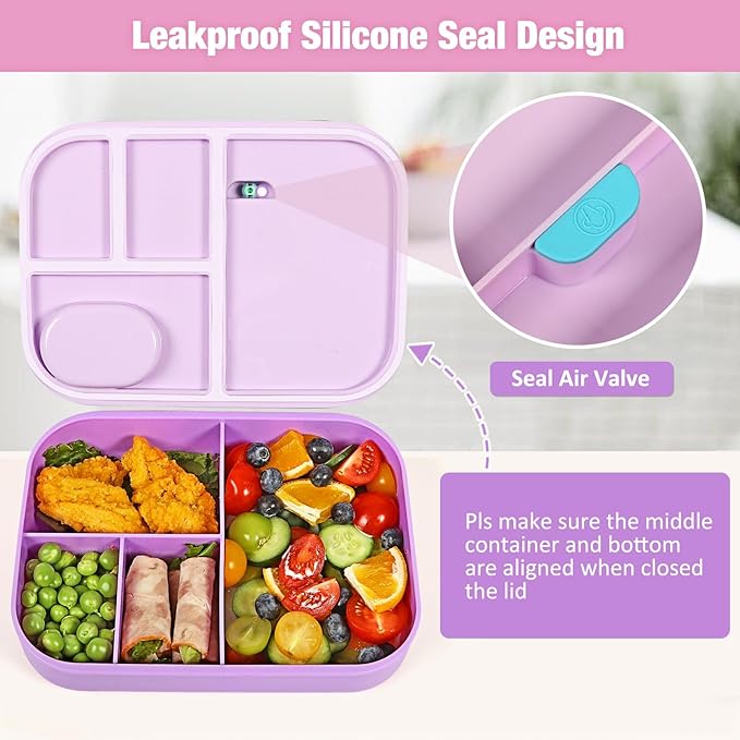 Caperci Bento Box for Kids - Stackable Leakproof Multiple Compartments Lunch Containers for Kids with Sauce Container, 5.8 Cups, Idea for School, On-the-go, Built-in Utensil Set, BPA Free (Purple)