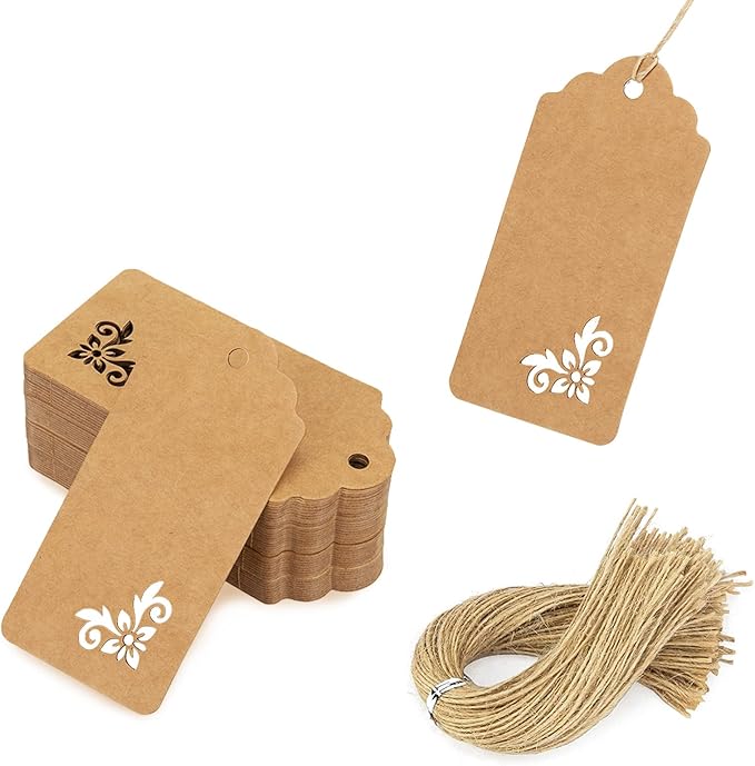 SallyFashion 100 PCS Gift Tags, 2x4 inch Kraft Paper Hollow-Out Tags with Strings for Wedding Bridal Party Favors Baby Shower
