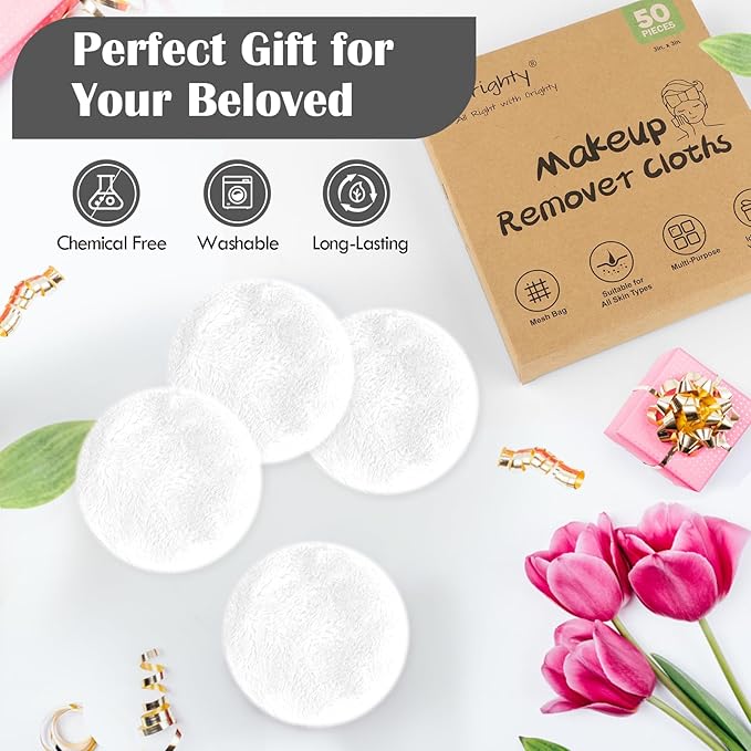 Orighty Reusable Microfiber Makeup Remover Pads 50 Count, Eco-Friendly Facial Cleansing Cloths, Round Shape, Super Soft, Ideal Gift with Laundry Bag (White)