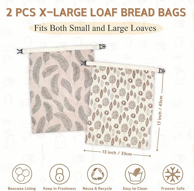2 Pack Beeswax Bread Bags for Homemade Bread, Large 13x17'' Reusable Beeswax Sourdough Bread Storage Bag, Keep Loaves Fresh Longer, Freezer Safe & Airtight, Natural, Zero Waste