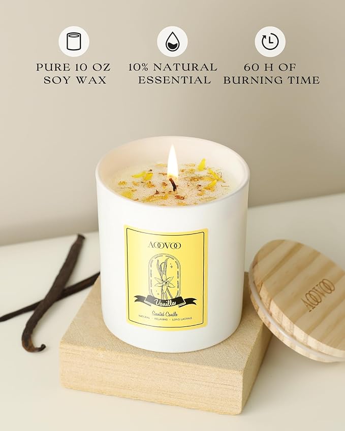 AOOVOO Vanilla Scented Candles for Women - Aromatherapy Candle with Crystals Inside, 10oz Soy Candles for Home Scented, Birthday Gifts Christmas Candle for Women Mom