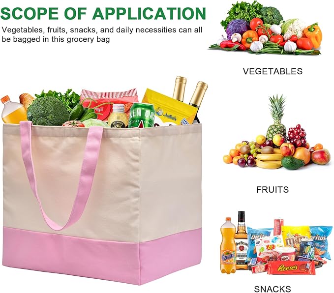 3 Pack Canvas Reusable Grocery Bags Heavy Duty, 8.3 gal Foldable Large Tote Bag with Handles, Holds 60 lbs Canvas Shopping Bags & Washable Eco-friendly Bags with 5 Pockets, Pink+Off white