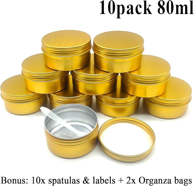 80ml Aluminum Tin Jar, Refillable Makeup Container 80g Gold Screw up Lid Small Round Container Bottle for Cosmetics, Lip Balm, Cream, Toner, Eyeshadow, Candle, Tea, Beads, Nails, 10 Pack Tins