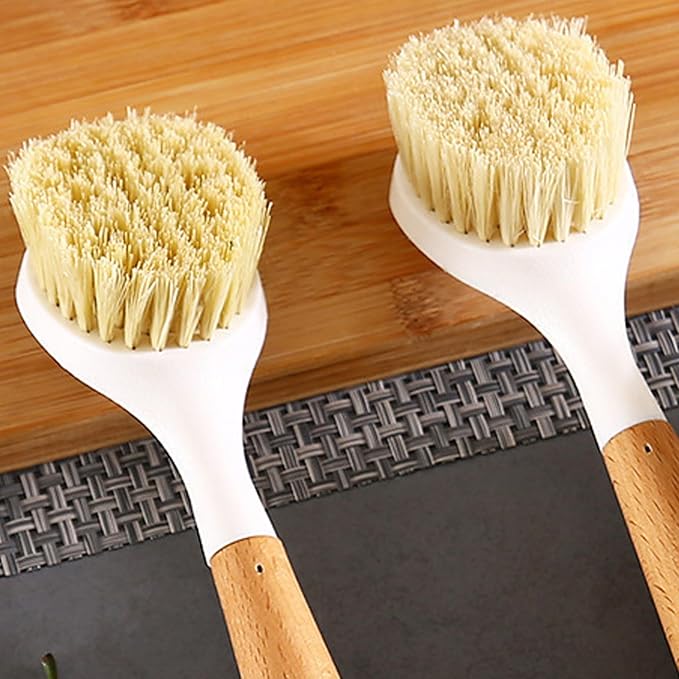 2Pcs Dish Brush with Handle Nylon Scrub Brush with Wooden Handle Hanging Hole Cleaning for Dishes Pots Cast Iron Skillet