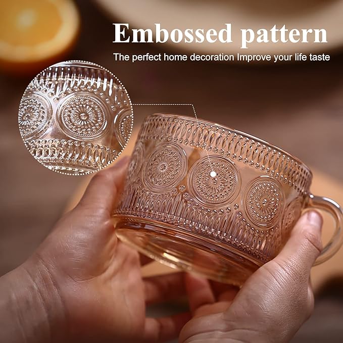 Amber Vintage Glass Coffee Mugs gifts for women, 14 Oz Set of 4 Embossed Glassware Tea Cups for Breakfast, Cappuccino, Latte, Yogurt, Christmas Mothers Day Gifts Coffee Bar Accessories