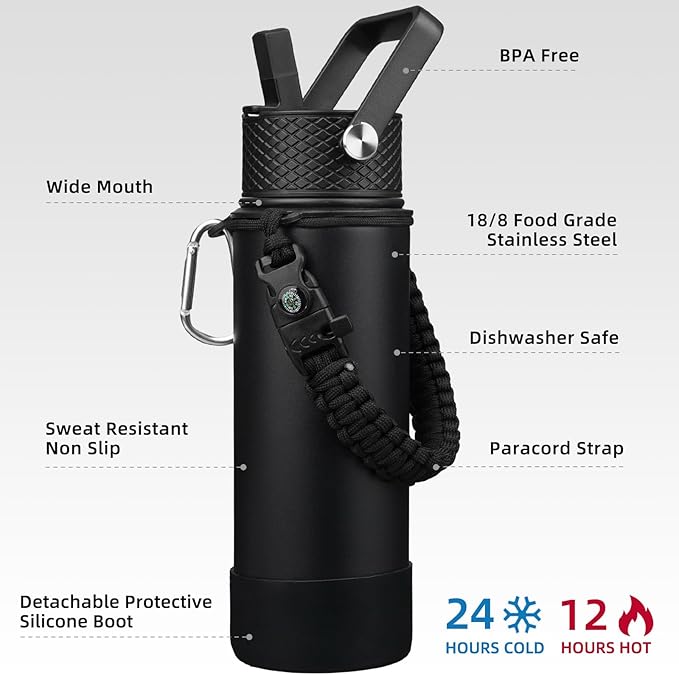 BJPKPK Insulated Water Bottle with Straw Lid, 22oz Thermal Flasks Water Bottles with 3 Lids, Paracord Handle & Non-slip Boot, BPA Free Leak Proof Stainless Steel Tumblers, Cups,Black