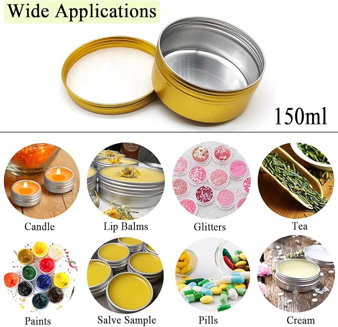 6pcs 150ml Aluminum Tin Jars with Screw Cap Lids, 5oz Empty Makeup Lip Balm Containers Round Travel Jars Cosmetics Pots, Gold Metal Cans for Slime Salve Cream Candle Powder Tea Beads Paints