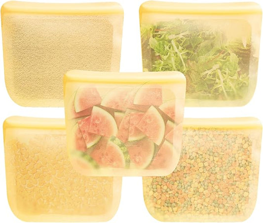 purifyou Set of 5 Reusable Silicone Storage Snack Bags 6oz / 16oz / 32oz / 64oz Self-Seal Food Storage Container for Fruits, Vegetables, Sandwiches, Dishwasher Safe & Leak-free (PastelYellow, 64oz)
