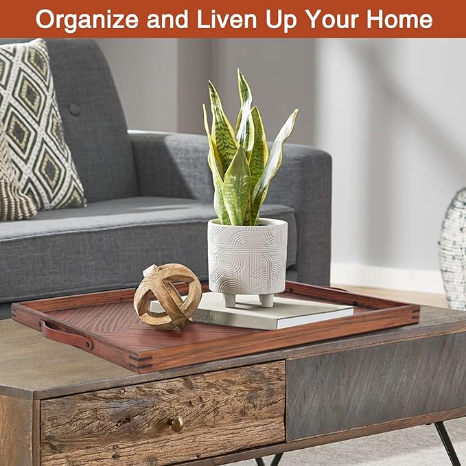 Large Ottoman Wooden Trays, Wood Serving Tray with Handles, Large Ottoman Tray, Wooden Serving Trays for Coffee Tables, Living Rooms and Kitchens, 24 x 16 inch
