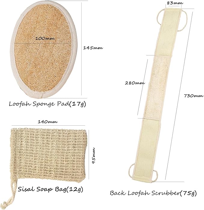 Natural Loofah Back Scrubber for Shower, Back Loofah for Women and Men, Exfoliating Loofah Sponge with Soap Bag, 3-pcs