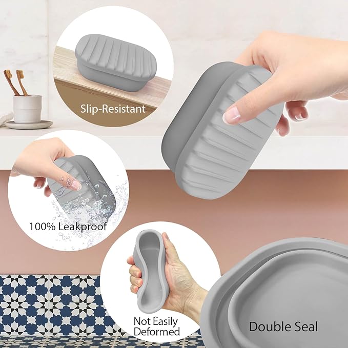 Leakproof Silicone Travel Soap Case with Drainage Layer, Silicone Bar Soap Holder Compact Portable Shatterproof Soap Container Box for Bathroom Gym Camp Travel Toiletries (Gray, Drainage Lid)