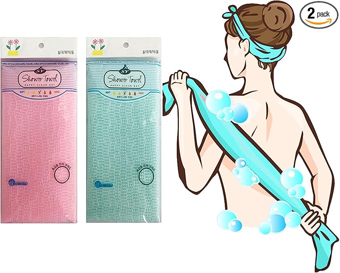 Premium Exfoliating Washcloth Towel 2 Color-Mint Pink Korean Loofah Bath Sponge Long Back Scrubber African Bath Sponge African Long Net for Shower/It Becomes Softer as You use.by NOPIGO