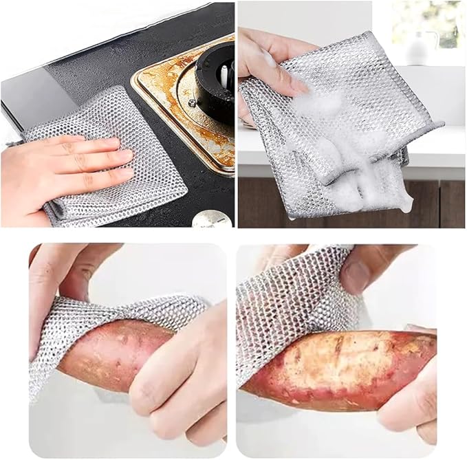 YinQin 28x20 cm Stainless Steel Wire Scrubber Cloth for Kitchen Pots Pans Sink Stove Top 4 PCS Double-Layer Rust-Resistant Easy Mesh Clean Cleaning Cloths Non-Scratch Metallic Dishwashing Cloth Rags