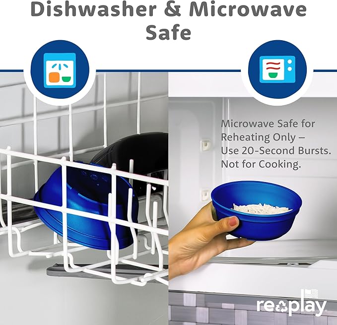 Re-Play 12 oz. Toddler Bowls Set of 4 - Kids Deep-Walled, Durable & Reusable Snack and Meal Bowls, Dishwasher & Microwave Safe, BPA-Free, Made in USA from Recycled Plastic, True Blue