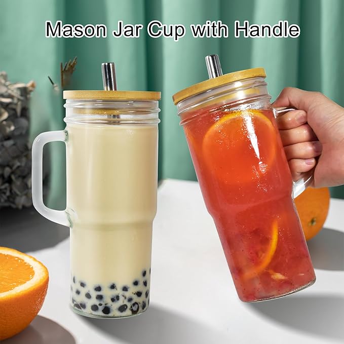 4Pcs Glass Cups with Lids and Straws, 24oz Mason Jar Iced Coffee Cup Drinking Jars Glasses Tumbler with Handle Bamboo Lids Wide Mouth Travel Mug for Bubble Tea, Iced Coffee, Smoothie, Beer