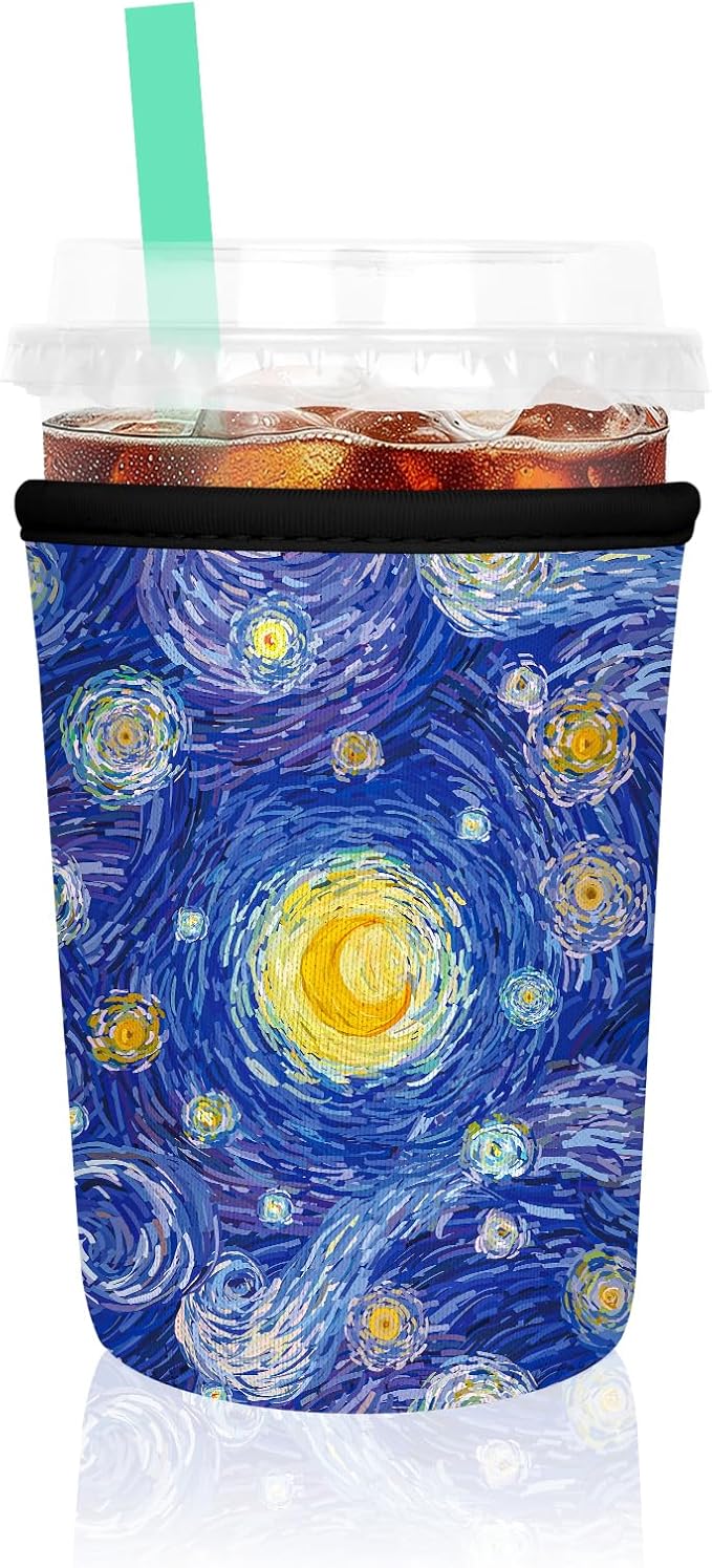 Iced Coffee Sleeve, Reusable Insulated Neoprene Cup Sleeve for Cold & Hot Drinks Beverages, Cup Holder for 16oz-18oz Coffee Cups, Starry Night