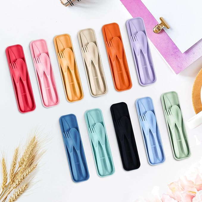 Yahenda 77 Sets Reusable Travel Utensils Set with Case Wheat Straw Cutlery Portable Spoon Knife Fork Tableware Lunch Box Bulk for Adults Travel Picnic Camping Utensils Gifts (Bright Color)